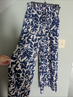 Wide-Leg Navy Leaf Print Pants